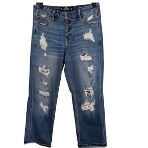 Hollister Blue Mid-Rise Crop Boyfriend distressed Denim Jeans